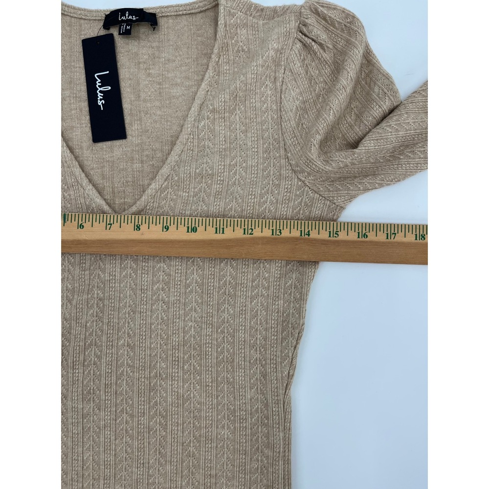 Lulus Tan Beige Pointelle Chevron V-Neck Puff Sleeve Knit Top Womens Size Medium - Picture 5 of 7